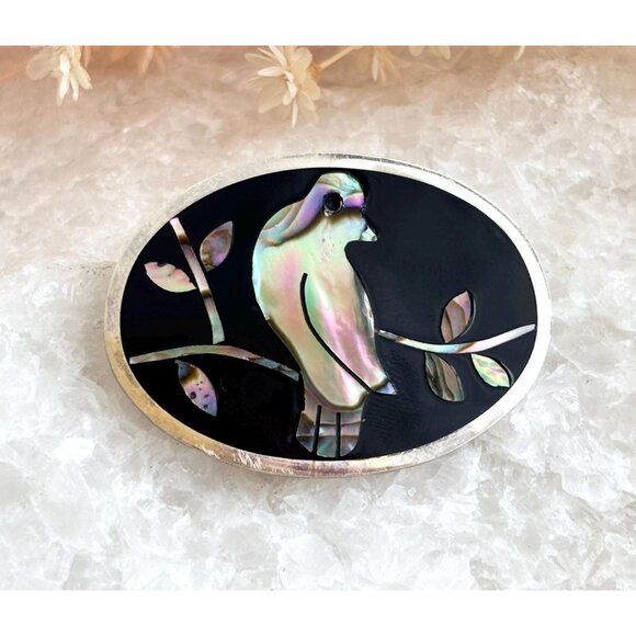 Bird Figural Taxco Mexican Abalone Shell & Onyx Vintage Sterling Silver Brooch - Picture 1 of 9